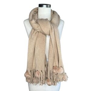 LORENZO Tan Scarf with‎ Rabbit Fur Pom Pom Accents